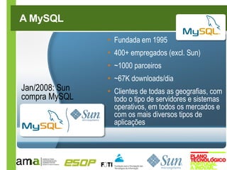 A MySQL

                • Fundada em 1995
                • 400+ empregados (excl. Sun)
                • ~1000 parceiros
                • ~67K downloads/dia
Jan/2008: Sun   • Clientes de todas as geografias, com
compra MySQL      todo o tipo de servidores e sistemas
                  operativos, em todos os mercados e
                  com os mais diversos tipos de
                  aplicações
 