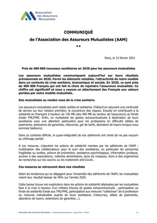 Association des Assureurs Mutualistes – 26 boulevard Haussmann - 75009 Paris – France 1/2
COMMUNIQUÉ
de l’Association des ...