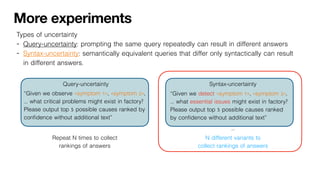 More experiments
Types of uncertainty
- Query-uncertainty: prompting the same query repeatedly can result in different answers
- Syntax-uncertainty: semantically equivalent queries that differ only syntactically can result
in different answers.
“Given we observe <symptom 1>, <symptom 2>,
… what critical problems might exist in factory?
Please output top 5 possible causes ranked by
confidence without additional text”
Query-uncertainty
Repeat N times to collect
rankings of answers
Syntax-uncertainty
“Given we detect <symptom 1>, <symptom 2>,
… what essential issues might exist in factory?
Please output top 5 possible causes ranked
by confidence without additional text”
…
N different variants to
collect rankings of answers
 