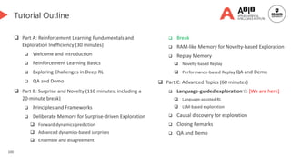 100
Tutorial Outline
 Part A: Reinforcement Learning Fundamentals and
Exploration Inefficiency (30 minutes)
 Welcome and Introduction
 Reinforcement Learning Basics
 Exploring Challenges in Deep RL
 QA and Demo
 Part B: Surprise and Novelty (110 minutes, including a
20-minute break)
 Principles and Frameworks
 Deliberate Memory for Surprise-driven Exploration
 Forward dynamics prediction
 Advanced dynamics-based surprises
 Ensemble and disagreement
 Break
 RAM-like Memory for Novelty-based Exploration
 Replay Memory
 Novelty-based Replay
 Performance-based Replay QA and Demo
 Part C: Advanced Topics (60 minutes)
 Language-guided exploration👈 [We are here]
 Language-assisted RL
 LLM-based exploration
 Causal discovery for exploration
 Closing Remarks
 QA and Demo
 