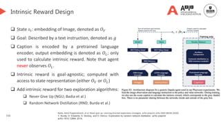 110
Intrinsic Reward Design
 State 𝑠𝑡: embedding of Image, denoted as 𝑂𝑉
 Goal: Described by a text instruction, denoted as 𝑔
 Caption is encoded by a pretrained language
encoder, output embedding is denoted as 𝑂𝐿; only
used to calculate intrinsic reward. Note that agent
never observes 𝑂𝐿.
 Intrinsic reward is goal-agnostic; computed with
access to state representation (either 𝑂𝑉 or 𝑂𝐿)
 Add intrinsic reward for two exploration algorithms:
 Never Give Up (NGU; Badia et al.)
 Random Network Distillation (RND; Burda et al.)
Generated by DALL-E 3
Badia, Adrià Puigdomènech, et al. Never give up: Learning directed exploration strategies. arXiv preprint arXiv:2002.06038 (2020).
Y. Burda, H. Edwards, A. Storkey, and O. Klimov. Exploration by random network distillation. arXiv preprint
arXiv:1810.12894, 2018.
 