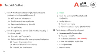 114
Tutorial Outline
 Part A: Reinforcement Learning Fundamentals and
Exploration Inefficiency (30 minutes)
 Welcome and Introduction
 Reinforcement Learning Basics
 Exploring Challenges in Deep RL
 QA and Demo
 Part B: Surprise and Novelty (110 minutes, including a
20-minute break)
 Principles and Frameworks
 Deliberate Memory for Surprise-driven Exploration
 Forward dynamics prediction
 Advanced dynamics-based surprises
 Ensemble and disagreement
 Break
 RAM-like Memory for Novelty-based
Exploration
 Replay Memory
 Novelty-based Replay
 Performance-based Replay QA and Demo
 Part C: Advanced Topics (60 minutes)
 Language-guided exploration
 Language-assisted RL
 LLM-based exploration👈 [We are here]
 Causal discovery for exploration
 Closing Remarks
 QA and Demo
 
