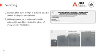 121
Prompting
Generated by DALL-E 3
 Example of an input prompt to evaluate possible
actions in DeepSea Environment
 LLM is given current position and possible
actions. It is asked to evaluate the ratings of
every possible next actions
 