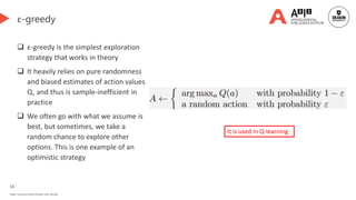 14
Deakin University CRICOS Provider Code: 00113B
ε-greedy
 ε-greedy is the simplest exploration
strategy that works in theory
 It heavily relies on pure randomness
and biased estimates of action values
Q, and thus is sample-inefficient in
practice
 We often go with what we assume is
best, but sometimes, we take a
random chance to explore other
options. This is one example of an
optimistic strategy
It is used in Q-learning
 