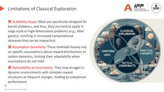 20
Deakin University CRICOS Provider Code: 00113B
Limitations of Classical Exploration
❌ Scalability Issues: Most are specifically designed for
bandit problems, and thus, they are hard to apply in
large-scale or high-dimensional problems (e.g., Atari
games), resulting in increased computational
demands that can be impractical
❌ Assumption Sensitivity: These methods heavily rely
on specific assumptions about reward distributions or
system dynamics, limiting their adaptability when
assumptions do not hold
❌ Vulnerability to Uncertainty: They may struggle in
dynamic environments with complex reward
structures or frequent changes, leading to suboptimal
performance Generated by DALL-E 3
 