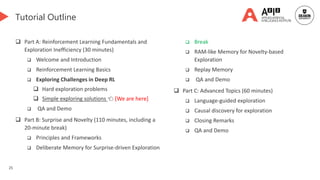 25
Tutorial Outline
 Part A: Reinforcement Learning Fundamentals and
Exploration Inefficiency (30 minutes)
 Welcome and Introduction
 Reinforcement Learning Basics
 Exploring Challenges in Deep RL
 Hard exploration problems
 Simple exploring solutions 👈 [We are here]
 QA and Demo
 Part B: Surprise and Novelty (110 minutes, including a
20-minute break)
 Principles and Frameworks
 Deliberate Memory for Surprise-driven Exploration
 Break
 RAM-like Memory for Novelty-based
Exploration
 Replay Memory
 QA and Demo
 Part C: Advanced Topics (60 minutes)
 Language-guided exploration
 Causal discovery for exploration
 Closing Remarks
 QA and Demo
 