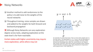 27
Deakin University CRICOS Provider Code: 00113B
Noisy Networks
 Another method to add randomness to the
policy is to add noise to the weights of the
neural networks
 Throughout training, noise samples are drawn
and added to the weights for both forward and
backward propagation
❌ Although Noisy Networks can vary exploration
degree across tasks, adapting exploration at the
state level is far from reachable.
Certain states with higher uncertainty may require
more exploration, while others may not
An example of a noisy linear layer. Here w is the matrix weight and b is
the bias vector. The parameters µw, µb, σw and σb are the learnables of
the network whereas εw and εw are noise variables. Fortunato, Meire,
Mohammad Gheshlaghi Azar, Bilal Piot, Jacob Menick, Ian Osband,
Alex Graves Vlad Mnih, Remi Munos Demis Hassabis Olivier Pietquin,
Charles Blundell, and Shane Legg. "Noisy Networks for Exploration."
arXiv preprint arXiv:1706.10295 (2017)
 