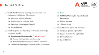 30
Tutorial Outline
 Part A: Reinforcement Learning Fundamentals and
Exploration Inefficiency (30 minutes)
 Welcome and Introduction
 Reinforcement Learning Basics
 Exploring Challenges in Deep RL
 QA and Demo
 Part B: Surprise and Novelty (110 minutes, including a
20-minute break)
 Principles and Frameworks 👈 [We are here]
 Reward shaping and the role of memory
 A taxonomy of memory-driven intrinsic exploration
 Deliberate Memory for Surprise-driven Exploration
 Break
 RAM-like Memory for Novelty-based
Exploration
 Replay Memory
 QA and Demo
 Part C: Advanced Topics (60 minutes)
 Language-guided exploration
 Causal discovery for exploration
 Closing Remarks
 QA and Demo
 