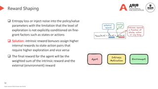 32
Deakin University CRICOS Provider Code: 00113B
Reward Shaping
 Entropy loss or inject noise into the policy/value
parameters with the limitation that the level of
exploration is not explicitly conditioned on fine-
grant factors such as states or actions
 Solution: intrinsic reward bonuses assign higher
internal rewards to state-action pairs that
require higher exploration and vice versa
 The final reward for the agent will be the
weighted sum of the intrinsic reward and the
external (environment) reward
 