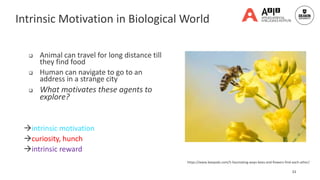  Animal can travel for long distance till
they find food
 Human can navigate to go to an
address in a strange city
 What motivates these agents to
explore?
intrinsic motivation
curiosity, hunch
intrinsic reward
33
https://www.beepods.com/5-fascinating-ways-bees-and-flowers-find-each-other/
Intrinsic Motivation in Biological World
 