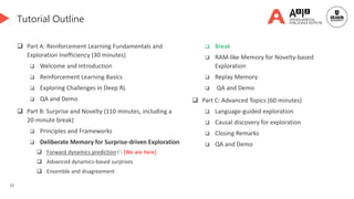 37
Tutorial Outline
 Part A: Reinforcement Learning Fundamentals and
Exploration Inefficiency (30 minutes)
 Welcome and Introduction
 Reinforcement Learning Basics
 Exploring Challenges in Deep RL
 QA and Demo
 Part B: Surprise and Novelty (110 minutes, including a
20-minute break)
 Principles and Frameworks
 Deliberate Memory for Surprise-driven Exploration
 Forward dynamics prediction👈 [We are here]
 Advanced dynamics-based surprises
 Ensemble and disagreement
 Break
 RAM-like Memory for Novelty-based
Exploration
 Replay Memory
 QA and Demo
 Part C: Advanced Topics (60 minutes)
 Language-guided exploration
 Causal discovery for exploration
 Closing Remarks
 QA and Demo
 