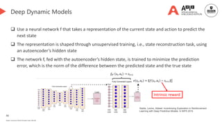 40
Deakin University CRICOS Provider Code: 00113B
Deep Dynamic Models
 Use a neural network f that takes a representation of the current state and action to predict the
next state
 The representation is shaped through unsupervised training, i.e., state reconstruction task, using
an autoencoder’s hidden state
 The network f, fed with the autoencoder’s hidden state, is trained to minimize the prediction
error, which is the norm of the difference between the predicted state and the true state
Intrinsic reward
Stadie, Levine, Abbeel: Incentivizing Exploration in Reinforcement
Learning with Deep Predictive Models. In NIPS 2015.
 