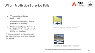  The prediction target
is stochastic
 Information necessary for the
prediction is missing
 Model class of predictors is too
limited to fit the complexity of
the target function
 Both the totally predictable and
the fundamentally unpredictable will
get boring
44
https://openai.com/blog/reinforcement-learning-with-prediction-based-rewards/
When Predictive Surprise Fails
 