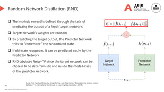 46
Deakin University CRICOS Provider Code: 00113B
Random Network Distillation (RND)
 The intrinsic reward is defined through the task of
predicting the output of a fixed (target) network
 Target Network’s weights are random
 By predicting the target output, the Predictor Network
tries to “remember” the randomized state
 If old state reappears, it can be predicted easily by the
Predictor Network
 RND obviates Noisy-TV since the target network can be
chosen to be deterministic and inside the model-class
of the predictor network.
Burda, Yuri, Harrison Edwards, Amos Storkey, and Oleg Klimov. "Exploration by random network
distillation." In International Conference on Learning Representations. 2018.
 