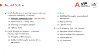 5
Tutorial Outline
 Part A: Reinforcement Learning Fundamentals and
Exploration Inefficiency (30 minutes)
 Welcome and Introduction 👈 [We are here]
 Reinforcement Learning Basics
 Exploring Challenges in Deep RL
 QA and Demo
 Part B: Surprise and Novelty (110 minutes,
including a 20-minute break)
 Principles and Frameworks
 Deliberate Memory for Surprise-driven
Exploration
 Break
 RAM-like Memory for Novelty-based
Exploration
 Replay Memory
 QA and Demo
 Part C: Advanced Topics (60 minutes)
 Language-guided exploration
 Causal discovery for exploration
 Closing Remarks
 QA and Demo
 