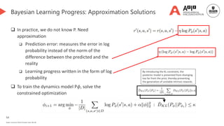 54
Deakin University CRICOS Provider Code: 00113B
Bayesian Learning Progress: Approximation Solutions
 In practice, we do not know P. Need
approximation
 Prediction error: measures the error in log
probability instead of the norm of the
difference between the predicted and the
reality
 Learning progress written in the form of log
probability
 To train the dynamics model P𝜙, solve the
constrained optimization
By introducing the KL constraint, the
posterior model is prevented from diverging
too far from the prior, thereby preventing
the generation of unstable intrinsic rewards.
 