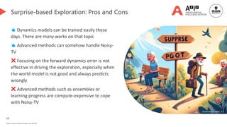 59
Deakin University CRICOS Provider Code: 00113B
Surprise-based Exploration: Pros and Cons
👍 Dynamics models can be trained easily these
days. There are many works on that topic
👍 Advanced methods can somehow handle Noisy-
TV
❌ Focusing on the forward dynamics error is not
effective in driving the exploration, especially when
the world model is not good and always predicts
wrongly
❌ Advanced methods such as ensembles or
learning progress are compute-expensive to cope
with Noisy-TV
Generated by DALL-E 3
 