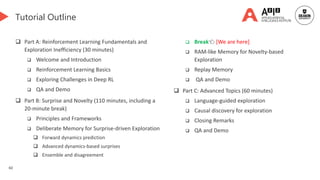 60
Tutorial Outline
 Part A: Reinforcement Learning Fundamentals and
Exploration Inefficiency (30 minutes)
 Welcome and Introduction
 Reinforcement Learning Basics
 Exploring Challenges in Deep RL
 QA and Demo
 Part B: Surprise and Novelty (110 minutes, including a
20-minute break)
 Principles and Frameworks
 Deliberate Memory for Surprise-driven Exploration
 Forward dynamics prediction
 Advanced dynamics-based surprises
 Ensemble and disagreement
 Break👈 [We are here]
 RAM-like Memory for Novelty-based
Exploration
 Replay Memory
 QA and Demo
 Part C: Advanced Topics (60 minutes)
 Language-guided exploration
 Causal discovery for exploration
 Closing Remarks
 QA and Demo
 