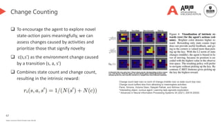 67
Deakin University CRICOS Provider Code: 00113B
Change Counting
 To encourage the agent to explore novel
state-action pairs meaningfully, we can
assess changes caused by activities and
prioritize those that signify novelty
 c(s,s’) as the environment change caused
by a transition (s, a, s’)
 Combines state count and change count,
resulting in the intrinsic reward:
Change count (last row) vs norm of change (middle row) vs state count (top row).
Change count suffers less from attracting to meaningless activities.
Parisi, Simone, Victoria Dean, Deepak Pathak, and Abhinav Gupta.
"Interesting object, curious agent: Learning task-agnostic exploration.
" Advances in Neural Information Processing Systems 34 (2021): 20516-20530.
 
