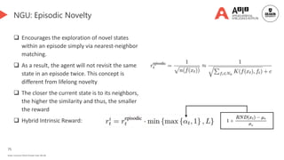 75
Deakin University CRICOS Provider Code: 00113B
NGU: Episodic Novelty
 Encourages the exploration of novel states
within an episode simply via nearest-neighbor
matching.
 As a result, the agent will not revisit the same
state in an episode twice. This concept is
different from lifelong novelty
 The closer the current state is to its neighbors,
the higher the similarity and thus, the smaller
the reward
 Hybrid Intrinsic Reward:
 