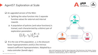 76
Deakin University CRICOS Provider Code: 00113B
Agent57: Exploration at Scale
 An upgraded version of the NGU:
 Splitting the value function into 2 separate
function values for external and internal
rewards
 A population of policies (and value functions) is
trained, each characterized by a distinct pair of
exploration parameters:
 N is the size of the population. 𝛾j is the discount
factor hyperparameters and βj is the intrinsic
reward coefficient hyperparameters. Adapted by a
meta controller (bandit algo.) Badia, Adrià Puigdomènech, Bilal Piot, Steven Kapturowski, Pablo Sprechmann, Alex Vitvitskyi, Zhaohan
Daniel Guo, and Charles Blundell. "Agent57: Outperforming the atari human benchmark." In International
conference on machine learning, pp. 507-517. PMLR, 2020.
 
