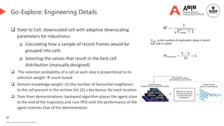88
Deakin University CRICOS Provider Code: 00113B
Go-Explore: Engineering Details
 State to Cell: downscaled cell with adaptive downscaling
parameters for robustness:
 Calculating how a sample of recent frames would be
grouped into cells
 Selecting the values that result in the best cell
distribution (manually designed)
 The selection probability of a cell at each step is proportional to its
selection weight  count-based
 Domain knowledge weight: (1) the number of horizontal neighbours
to the cell present in the archive (h); (2) a key bonus: for each location
 Train from demonstrations: backward algorithm places the agent close
to the end of the trajectory and runs PPO until the performance of the
agent matches that of the demonstration
Cseen is the number of exploration steps in which
that cell is visited
 