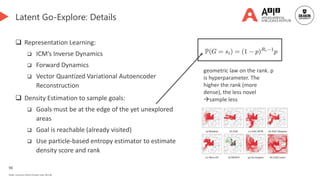 90
Deakin University CRICOS Provider Code: 00113B
Latent Go-Explore: Details
 Representation Learning:
 ICM’s Inverse Dynamics
 Forward Dynamics
 Vector Quantized Variational Autoencoder
Reconstruction
 Density Estimation to sample goals:
 Goals must be at the edge of the yet unexplored
areas
 Goal is reachable (already visited)
 Use particle-based entropy estimator to estimate
density score and rank
geometric law on the rank. p
is hyperparameter. The
higher the rank (more
dense), the less novel
sample less
 