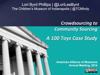 American Alliance of Museums
Annual Meeting, 2014
A	
  100	
  Toys	
  Case	
  Study	
  
Crowdsourcing	
  to	
  
Community	
  Sourcing	
  
Lori Byrd Phillips | @LoriLeeByrd
The Children’s Museum of Indianapolis | @TCMIndy
 