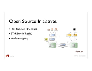 Open Source Initiatives
                          !"#$%&'()*+,*-+.

• UC Berkeley, OpenCast
• ETH Zurich, Replay
• maclearning.org




                                             AAMC GIR 2008
 