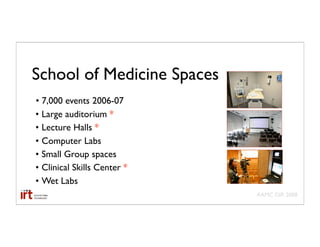 School of Medicine Spaces
• 7,000 events 2006-07
• Large auditorium *
• Lecture Halls *
• Computer Labs
• Small Group spaces
• Clinical Skills Center *
• Wet Labs
                             AAMC GIR 2008
 