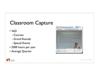 Classroom Capture
• VoD
  - Courses
  - Grand Rounds
  - Special Events
• 2500 hours per year
• Average Quarter

                        AAMC GIR 2008
 
