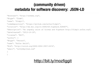 (community driven) 
metadata for software discovery: JSON-LD 
http://bit.ly/mozfiggit 
 