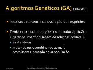 SimulatedAnnealing[Kirkpatrick et al. 83]Probabilidade de aceitação de novo estado01-10-2010Aprendizagem Automática / Machine Learning9