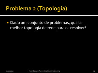 Problema 1 (KnapSack)Formulação para GA01-10-2010Aprendizagem Automática / Machine Learning14(20,2)(24,3)(10,2)(3,2)…1101…Cada quadrado indica se o pacote n é levado ou não