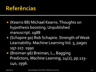  (Kearns 88) Michael Kearns.Thoughts on
hypothesis boosting. Unpublished
manuscript. 1988
 (Schapire 90) Rob Schapire. Strength ofWeak
Learnability. Machine LearningVol. 5, pages
197-227. 1990
 (Breiman 96) Breiman, L., Bagging
Predictors, Machine Learning, 24(2), pp.123-
140, 1996.
30/01/2015 Aprendizagem Automática / Machine Learning 11
 
