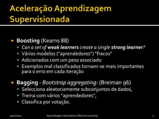  Boosting (Kearns 88)
 Can a set of weak learners create a single strong learner?
 Vários modelos ("aprendedores") "fracos"
 Adicionados com um peso associado
 Exemplos mal classificados tornam-se mais importantes
para o erro em cada iteração
 Bagging - Bootstrap aggregating: (Breiman 96)
 Selecciona aleatoriamente subconjuntos de dados,
 Treina com vários "aprendedores",
 Classifica por votação.
30/01/2015 Aprendizagem Automática / Machine Learning 5
 