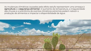 As mudanças climáticas causadas pelo efeito estufa representam uma ameaça à
agricultura e à segurança alimentar. O aumento da temperatura, a irregularidade
das chuvas e a ocorrência de eventos climáticos extremos podem reduzir a
produção de alimentos e impactar a disponibilidade de água.
As mudanças climáticas causadas pelo efeito estufa representam uma ameaça à
agricultura e à segurança alimentar. O aumento da temperatura, a irregularidade
das chuvas e a ocorrência de eventos climáticos extremos podem reduzir a
produção de alimentos e impactar a disponibilidade de água.
 