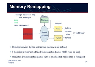 processor
Inter-
Remap
RAM
<address>
;change address map
STR <remap>
before
remap
after
Device
Normal
DSB
LDR <address>
ISB
Memory Remapping
21
AAME TechCon 2013
TC005v02
Ordering between Device and Normal memory is not defined
If the order is important a Data Synchronization Barrier (DSB) must be used
Instruction Synchronization Barrier (ISB) is also needed if code area is remapped
processor
connect
RAM
<address>
after
remap
 