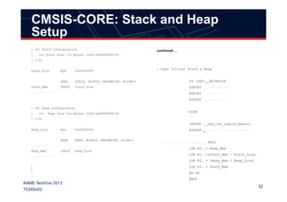 CMSIS-CORE: Stack and Heap
Setup
; <h> Stack Configuration
; <o> Stack Size (in Bytes) <0x0-0xFFFFFFFF:8>
; </h>
Stack_Size EQU 0x00000400
AREA STACK, NOINIT, READWRITE, ALIGN=3
Stack_Mem SPACE Stack_Size
__initial_sp
continued …
; User Initial Stack & Heap
IF :DEF:__MICROLIB
EXPORT __initial_sp
EXPORT __heap_base
EXPORT __heap_limit
32
AAME TechCon 2013
TC005v02
; <h> Heap Configuration
; <o> Heap Size (in Bytes) <0x0-0xFFFFFFFF:8>
; </h>
Heap_Size EQU 0x00000C00
AREA HEAP, NOINIT, READWRITE, ALIGN=3
__heap_base
Heap_Mem SPACE Heap_Size
__heap_limit
:
:
:
EXPORT __heap_limit
ELSE
IMPORT __use_two_region_memory
EXPORT __user_initial_stackheap
__user_initial_stackheap PROC
LDR R0, = Heap_Mem
LDR R1, =(Stack_Mem + Stack_Size)
LDR R2, = (Heap_Mem + Heap_Size)
LDR R3, = Stack_Mem
BX LR
ENDP
 