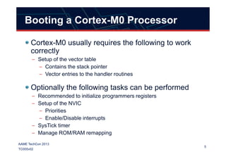 Booting a Cortex-M0 Processor
Cortex-M0 usually requires the following to work
correctly
– Setup of the vector table
– Contains the stack pointer
– Vector entries to the handler routines
5
AAME TechCon 2013
TC005v02
Optionally the following tasks can be performed
– Recommended to initialize programmers registers
– Setup of the NVIC
– Priorities
– Enable/Disable interrupts
– SysTick timer
– Manage ROM/RAM remapping
 