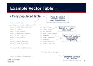 Example Vector Table
Fully populated table
vect_t vecttable[]
__attribute__ ((section("vectors"))) = {
(vect_t)(ARMIKMCU_STACKTOP), // Top of Stack
(vect_t)__main, // Reset Handler
(vect_t)NMI_Handler, // NMI Handler
(vect_t)HardFault_Handler, // Hard Fault Handler
Place the table in
“vectors” section
used by the Linker
Branch to __main
after reset
8
AAME TechCon 2013
TC005v02
(vect_t)HardFault_Handler, // Hard Fault Handler
0, 0, 0, 0, 0, 0, 0, // Reserved
(vect_t)SVC_Handler, // SVCall Handler
0, 0, // Reserved
(vect_t)PendSV_Handler, // PendSV Handler
(vect_t)SysTick_Handler, // SysTick Handler
(vect_t)Default_IRQHandler,
:
: // External Interrupts 1 – 32
:
(vect_t)Default_IRQHandler };
“Reserved” locations
maintained for
compatibility
Branch to a Default
IRQ Handler
 