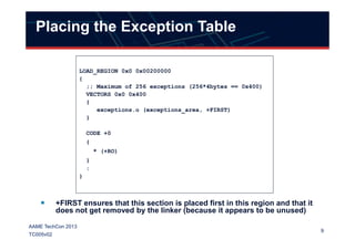 LOAD_REGION 0x0 0x00200000
{
;; Maximum of 256 exceptions (256*4bytes == 0x400)
VECTORS 0x0 0x400
{
exceptions.o (exceptions_area, +FIRST)
}
Placing the Exception Table
9
AAME TechCon 2013
TC005v02
CODE +0
{
* (+RO)
}
:
}
+FIRST ensures that this section is placed first in this region and that it
does not get removed by the linker (because it appears to be unused)
 