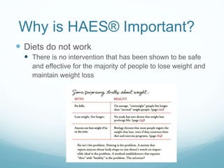 Why is HAES® Important?
• All people deserve to enjoy the benefits of positive self-
image; attention to self-care; enjoya...