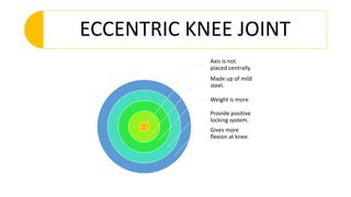 ECCENTRIC KNEE JOINT
Axis is not
placed centrally.
Made up of mild
steel.
Weight is more
Provide positive
locking system.
Gives more
flexion at knee.
 