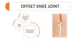 OFFSET KNEE JOINT
Mechanical axis is
located posterior
to the weight line.
Stable
without a
lock.
Free to bend
during swing
and allows
sitting.
 