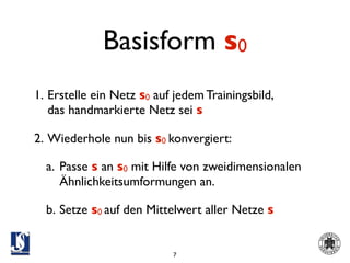 Basisform s0
1. Erstelle ein Netz s0 auf jedem Trainingsbild,
   das handmarkierte Netz sei s

2. Wiederhole nun bis s0 konvergiert:

  a. Passe s an s0 mit Hilfe von zweidimensionalen
     Ähnlichkeitsumformungen an.

  b. Setze s0 auf den Mittelwert aller Netze s


                           7
 