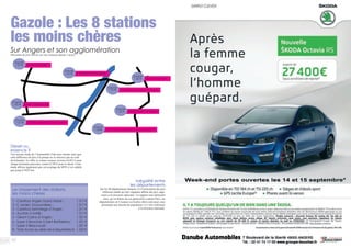 32
Inégalité entre
les départements
Sur les 96 départements français, 6 à 8 présentent des prix
inférieurs tandis qu’une vingtaine affiche des prix supé-
rieurs à la moyenne nationale. Un rapport nous démontre
ainsi, qu’en dehors de cas particuliers comme Paris, les
départements où l’essence est la plus chère sont aussi ceux
présentant une densité de population 3 à 5 fois inférieure
à la moyenne nationale.
Sur Angers et son agglomération(Moyenne de prix relevés sur une semaine durant 1 mois)
Le classement des stations
les moins chères
1 - Carrefour Angers Grand Maine : 1,317 €
2 - E. Leclerc Gouronnières : 1,317 €
3 - Carrefour Saint-Serge d’Angers : 1,317 €
4 - Auchan à Avrillé : 1,317 €
5 - Géant Casino d’Angers : 1,321 €
6 - Super U Banchais à Saint-Barthelemy : 1,321 €
7 - Super U Beaucouzé : 1,321 €
8 - Total Acces au relais de la Baumettes B : 1,324 €
Diesel ou
essence ?
Une récente étude de l’Automobile Club nous montre ainsi que
cette différence de prix à la pompe ne se retrouve pas au coût
du kilomètre. En effet, la voiture essence revient à 0,691 € pour
chaque kilomètre parcouru, contre 0,705 € pour le diesel. Cette
étude affirme également que cet avantage du SP95 n’est valable
que jusqu’à 9433 km.
Carrefour Angers Grand Maine
Gazole
1,317€
Total Acces au relais de la Baumettes B
Gazole
1,324€
Super U Banchais
Gazole
1,321€
Super U Beaucouzé
Gazole
1,321€
Géant Casino d’Angers
Gazole
1,321€
Anchan à Avrillé
Gazole
1,317€
Carrefour Saint-Serge d’Angers
Gazole
1,317€
E. Leclerc Gouronnières
Gazole
1,317€
Gazole : Les 8 stations
les moins chères
 