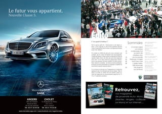 angers.automoto@gmail.com
Tél : 07 60 44 35 35
Magazine gratuit. N°3
Dépot légal en cours
Edité par les éditions C Sport &
Prana’Com
BP 77301
35573 Chantepie
Crédit photos :
C Sport, constructeurs,
contributeurs et Fotolia
Impression : Union Européenne
Tirage : 20 000 exemplaires
Régie publicitaire : Prana’Com
Directeur : Stéphane Potin
Tel : 06 16 28 33 67
spotin@pranacom.fr
Responsable d’édition :
Valérie Dumontier
Tel : 06 47 07 42 43
v.dumontier@orange.fr
Création : Achromac El Kouri
Tel. : 06 75 20 66 91
C’est quand le bonheur ?
Ouf, la presse parle de « frémissement ou de légère re-
prise ». Il ne s’agit pas, ici, de la crise en général, mais des
ventes d’automobiles dont la chute a été légèrement freinée
avant l’été. Alléluia !
En scrutant ces chiffres de plus près, nous constatons, par
exemple, que les ventes de Renault sont encourageantes.
Comme par hasard, ce léger mieux correspond à la sortie du
superbe Captur. Alors, une idée, pas tout à fait saugrenue,
nous vient : et si le salut venait de la capacité des construc-
teurs à nous proposer de beaux modèles, de belles automo-
biles, émotives, excitantes... de moins en moins polluantes,
de moins en moins gourmandes en carburant et capables de
nous fournir toujours autant de plaisir ?
Ce n’est pas un vœu pieu car l’imagination et le talent des
ingénieurs auto n’en finissent pas de nous épater. Mais le
mieux est d’aller le vérifier lors des journées portes ou-
vertes qu’organisent les concessionnaires angevins les 13,
14 et 15 septembre prochains.
Sommaire
6 J-Concept soigne
vos moteurs
10 La Mercedes CLA
14 Le match des
citadines chics
18 Les nouveautés
26 Flashwash à Angers
40 Multi Pneus Loire
48 L’atelier Harley,
1340 Motorcyles
56 Des Angevins
aux 24 Heures
Édito
 
