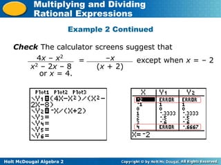 Holt McDougal Algebra 2
Multiplying and Dividing
Rational Expressions
Check The calculator screens suggest that
= except when x = – 2
or x = 4.
Example 2 Continued
4x – x2
x2 – 2x – 8
–x
(x + 2)
 