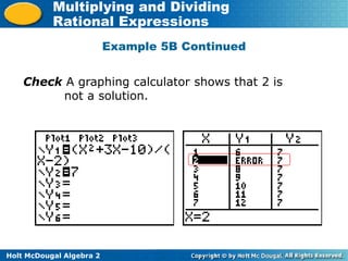 Holt McDougal Algebra 2
Multiplying and Dividing
Rational Expressions
Check A graphing calculator shows that 2 is
not a solution.
Example 5B Continued
 